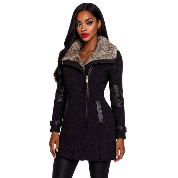 Andrew Marc Mara Wool Cashmere Coat Rabbit Fur Leather Trim Black - Picture 3 of 16